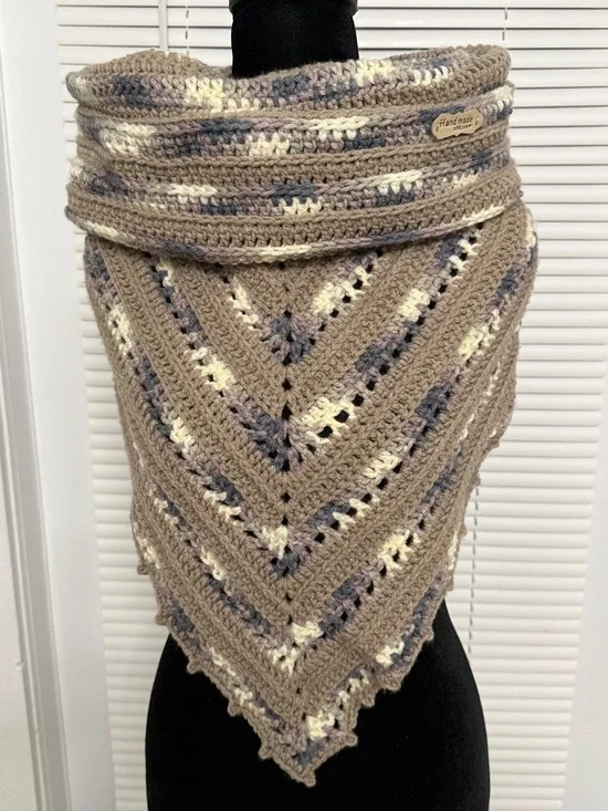 Neutral Taupe Crochet Triangle Shawl with Cream & Gray Stripes - Picture 3 of 5